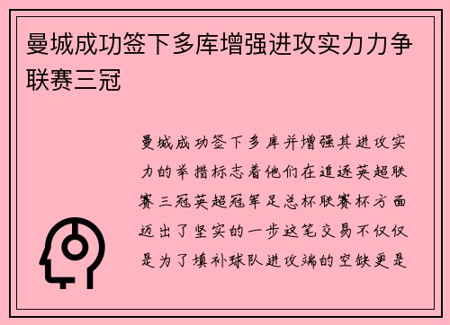 曼城成功签下多库增强进攻实力力争联赛三冠