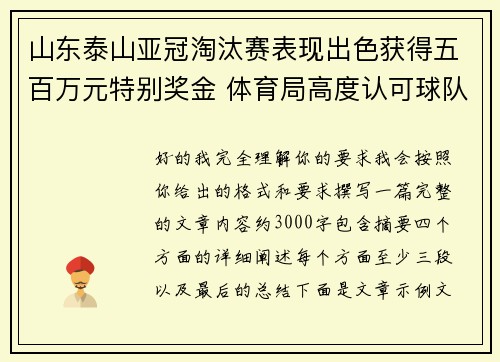 山东泰山亚冠淘汰赛表现出色获得五百万元特别奖金 体育局高度认可球队努力