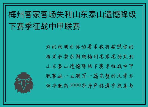 梅州客家客场失利山东泰山遗憾降级下赛季征战中甲联赛